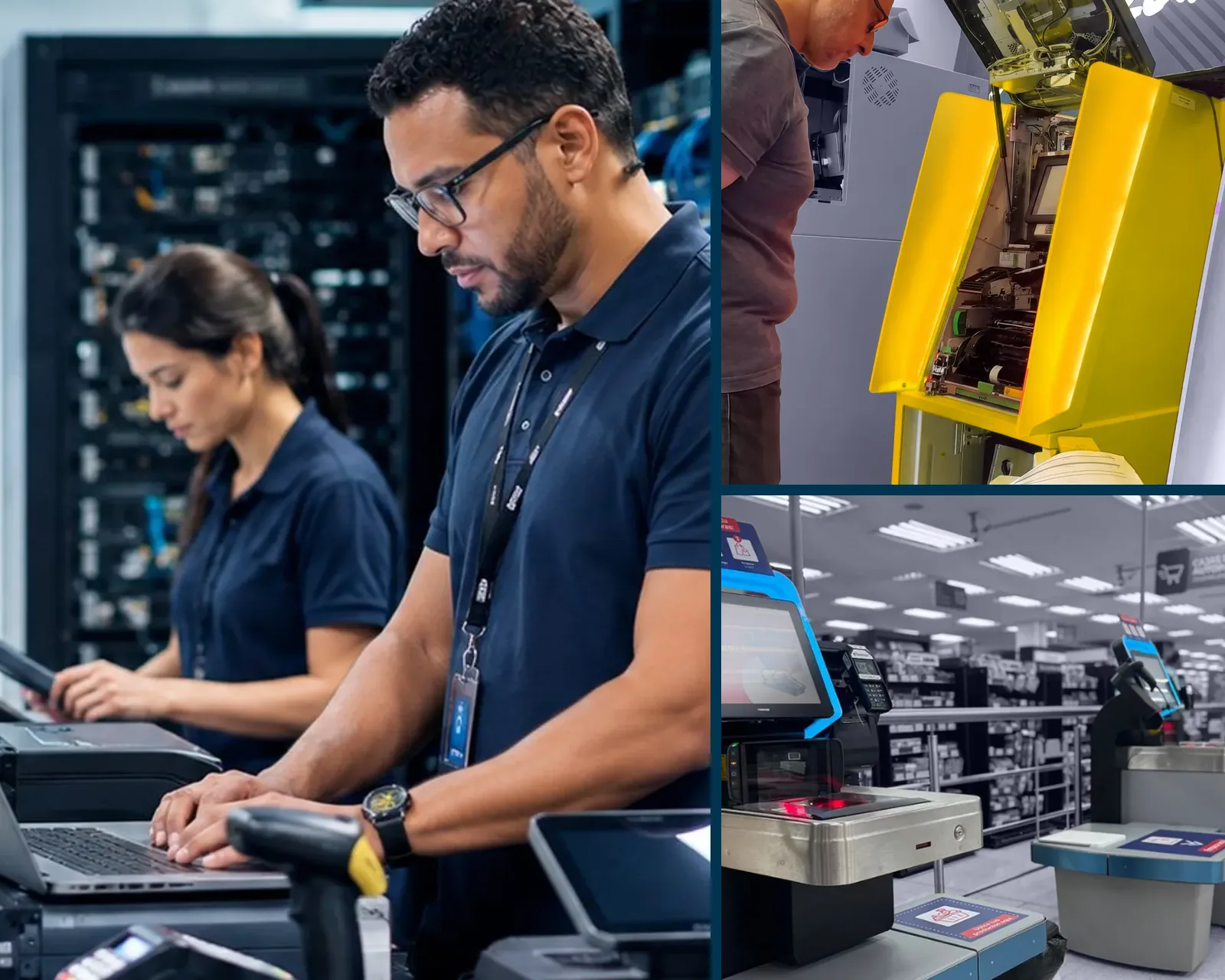 Equipos de Redsis trabajando en sistemas de centro de datos, un cajero automático y cajas de autopago